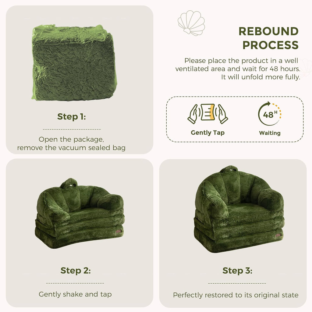MAXYOYO Folding Sofa Bed, 2 in 1 Convertible Sofa to Lounger Comfy Single Bean Bag Chair for Adults, Floor Sleeper Couch with Handle, Faux Fur Couch Bed for Living Room Bedroom, Green