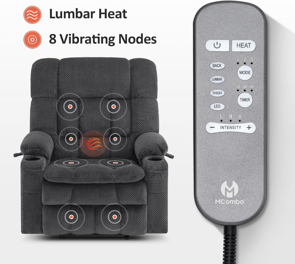 MCombo Oversized Power Lift Recliner Chair for Elderly, Dual Motor Lift Chair with Heat and Massage, Lay Flat Lift Chair for Big and Tall, Cup Holders, Fabric R7891 (Oversize, Dark Gray)