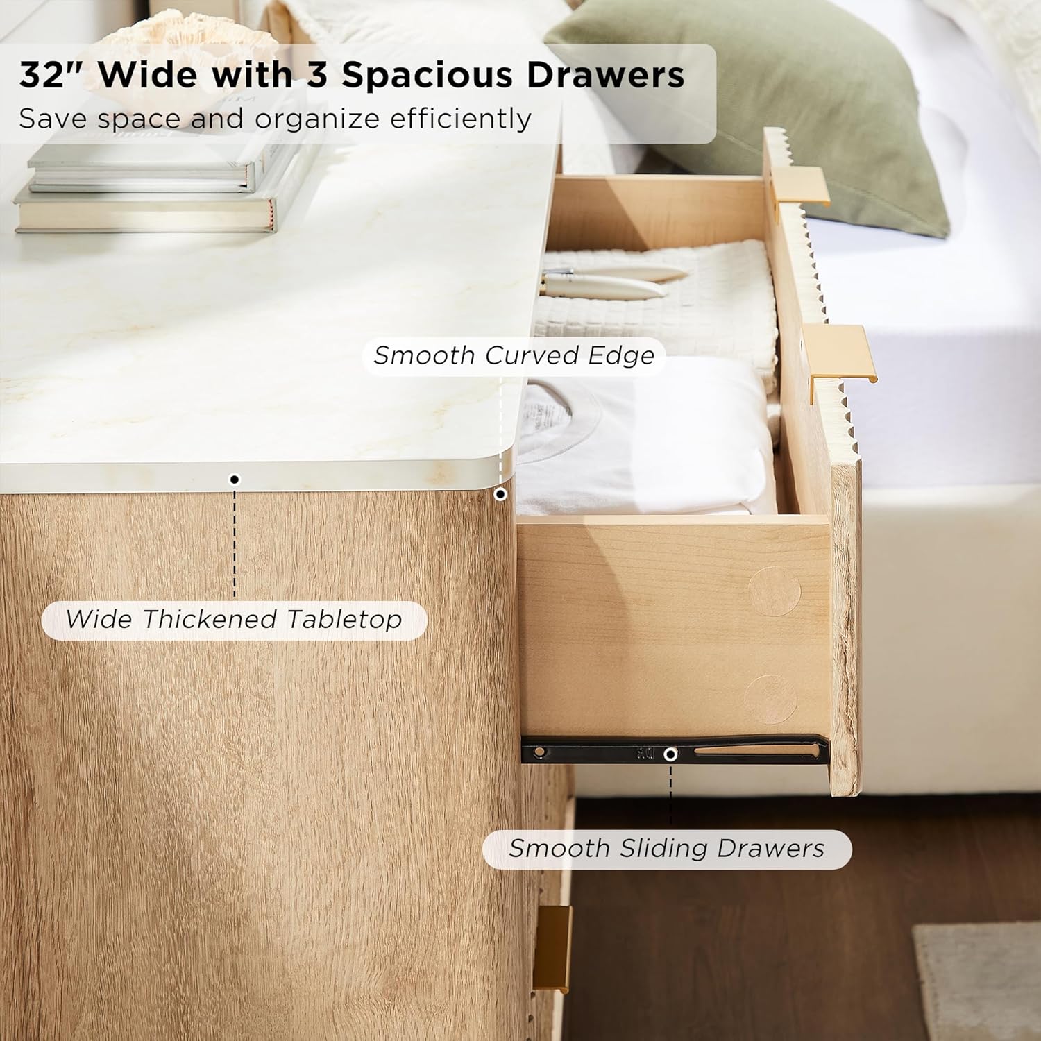 T4TREAM Fluted 3 Drawers Nightstand Set of 2, Oversized Extra Large Modern Side Table with Faux Marble Top, End Table Bedside for Bedroom, Living Room, Curved Profile Design, Natural Oak