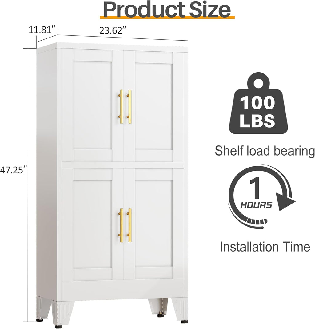 47“H White Metal Bathroom Storage Cabinet, Kitchen Pantry Cabinet with Doors and 3 Adjustable Shelves, Bathroom cabinets Organizer, for Home Office, Bedroom