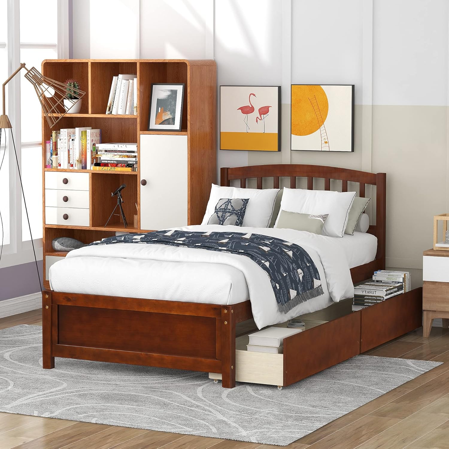 Harper & Bright Designs Twin Bed Frame with Storage, Wood Platform Bed with 2 Drawers and Headboard (Walnut)
