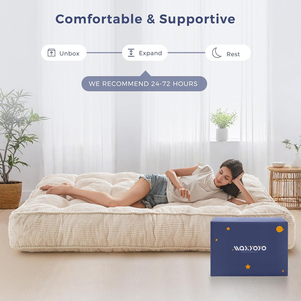 MAXYOYO 8" Futon Mattress Full Size, Ultra Thick Futons Sofa Couch Tufted Sleeper Sofa MAt, Floor Mattress for Adults, Shredded Foam Filling (Frame Not Included), Beige