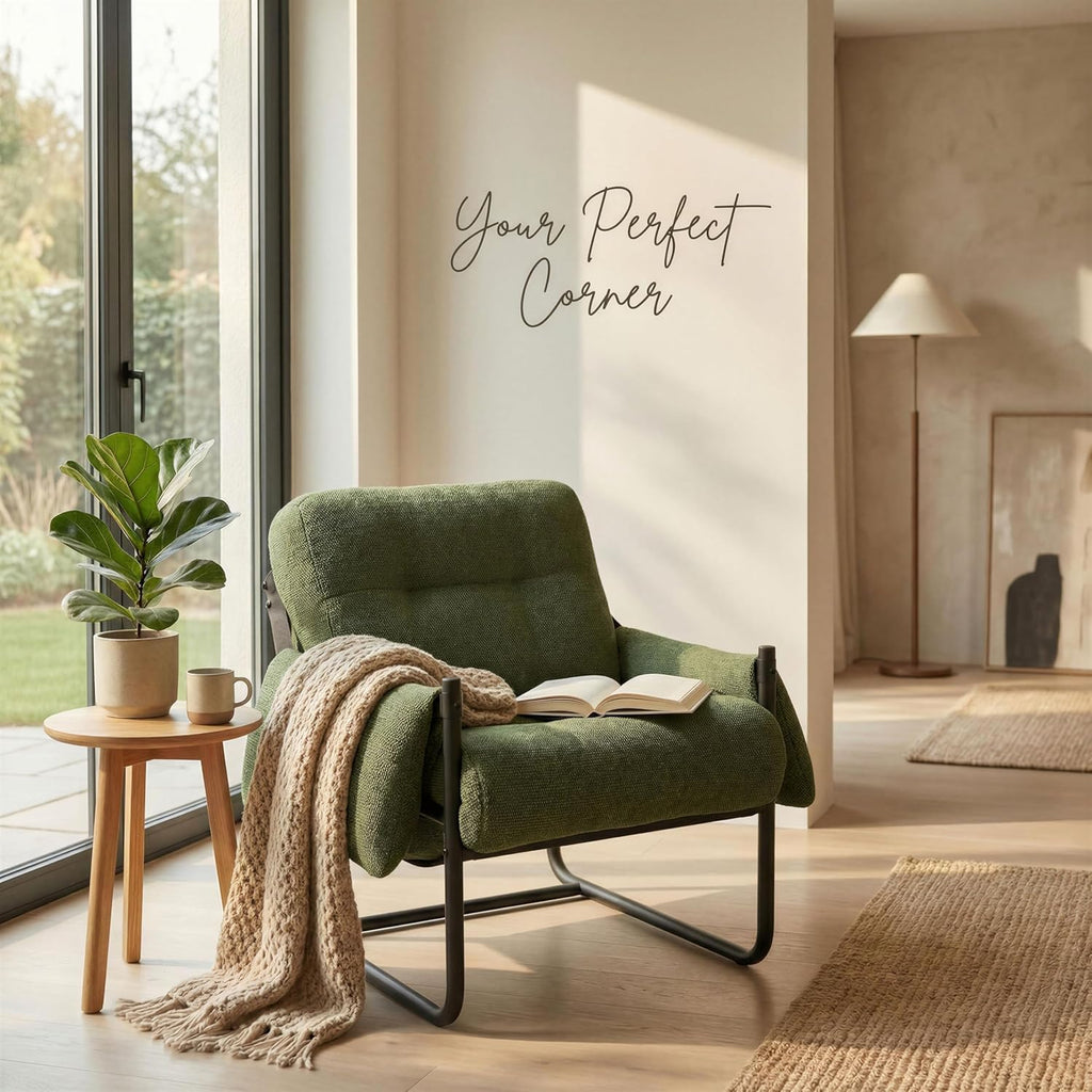 Kinfant Mid Century Modern Accent Chair, Chunky Upholstered Armchair with Metal Frame, Oversized Lounge Chair for Living Room Bedroom Small Spaces, Textured Chenille Fabric, Green