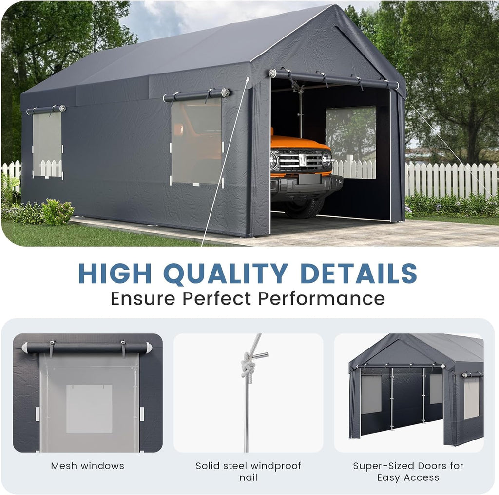 EROMMY Carport, 10x20 Ft Heavy Duty Carport with Roll-up Windows，Portable Garage with Removable Sidewalls, Car Canopy with All-Season Tarp and Sandbags for Truck, Tractor, Boat, Grey