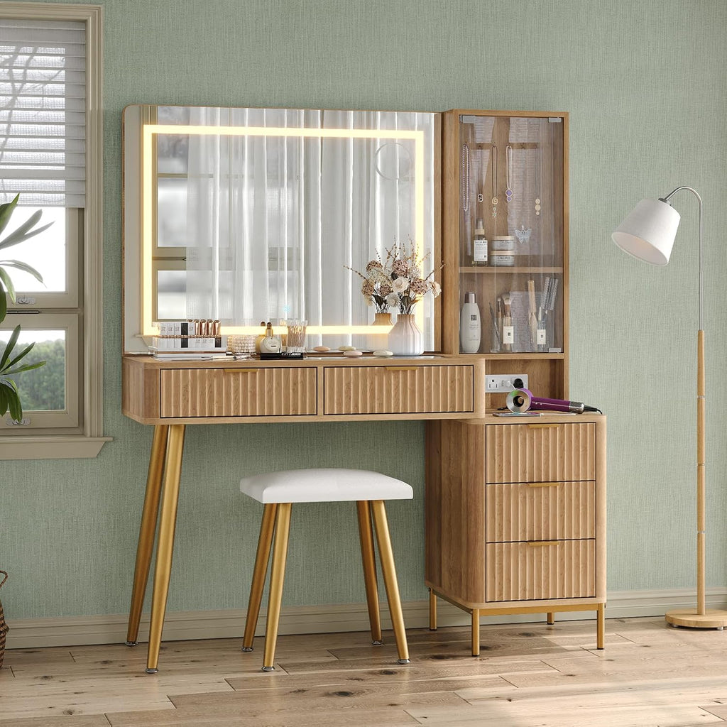 47.2'' Fluted Makeup Vanity with LED Mirror, 5 Drawers Vanity Desk with Charging Station, Jewelry Storage Cabinet, 3 Lighting Modes, Glass Top Vanity with Chair for Bedroom, Natural