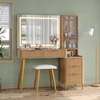47.2'' Fluted Makeup Vanity with LED Mirror, 5 Drawers Vanity Desk with Charging Station, Jewelry Storage Cabinet, 3 Lighting Modes, Glass Top Vanity with Chair for Bedroom, Natural