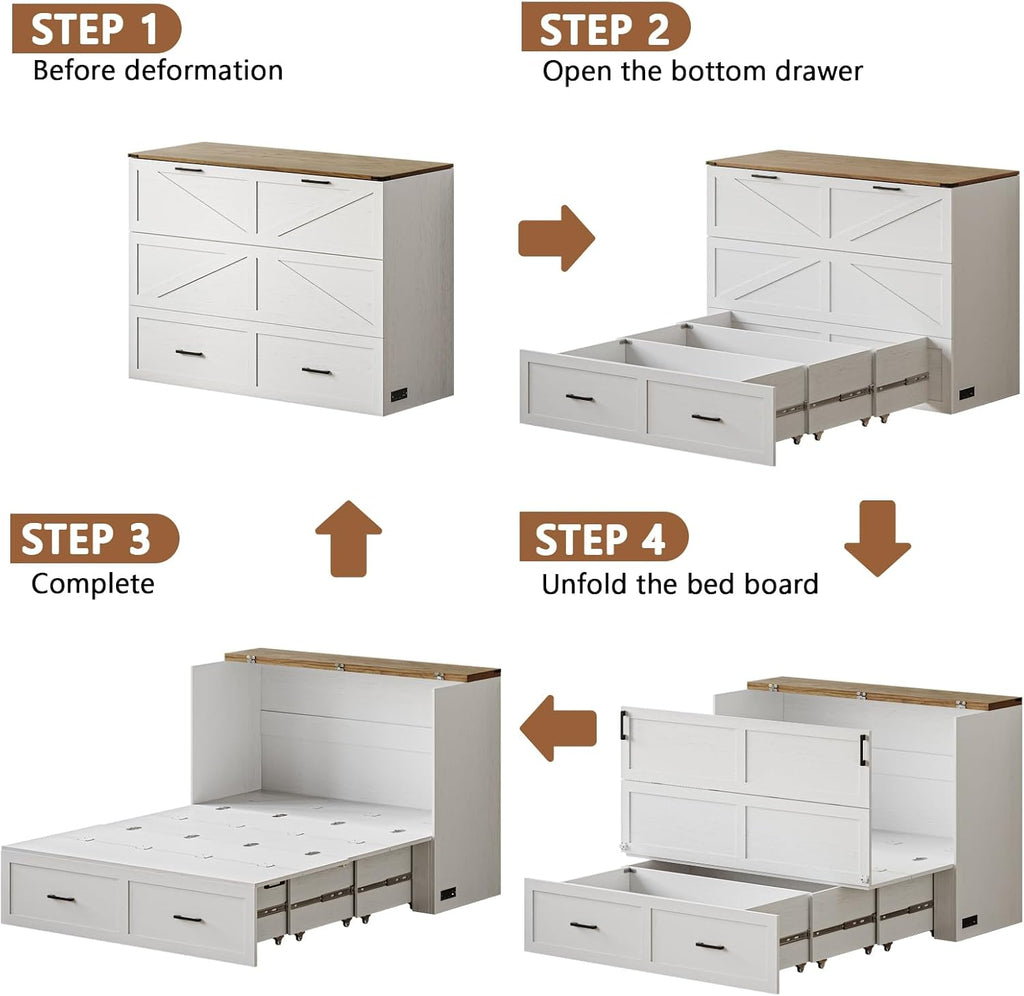 CHUWELL Full Size Murphy Bed with Charging Station & Drawer, Farmhouse Full Size Mobile Cabinet Bed Frame, Murphy Chest Bed Cabinet for Bedroom, Guest Room