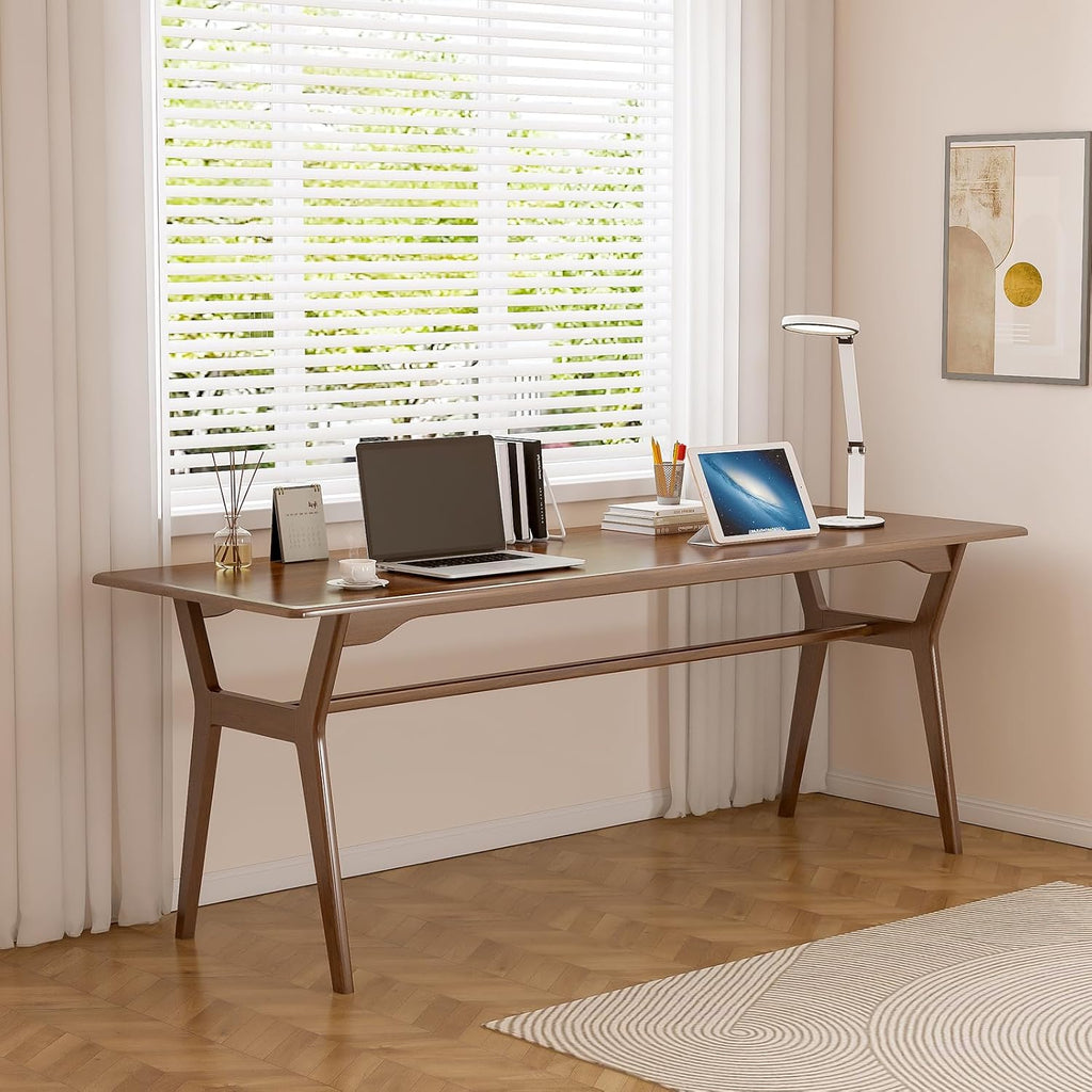 Solid Wood Study Desk - 71" Double Long Computer Table for Home Office, 2-Person PC Workstation, Walnut