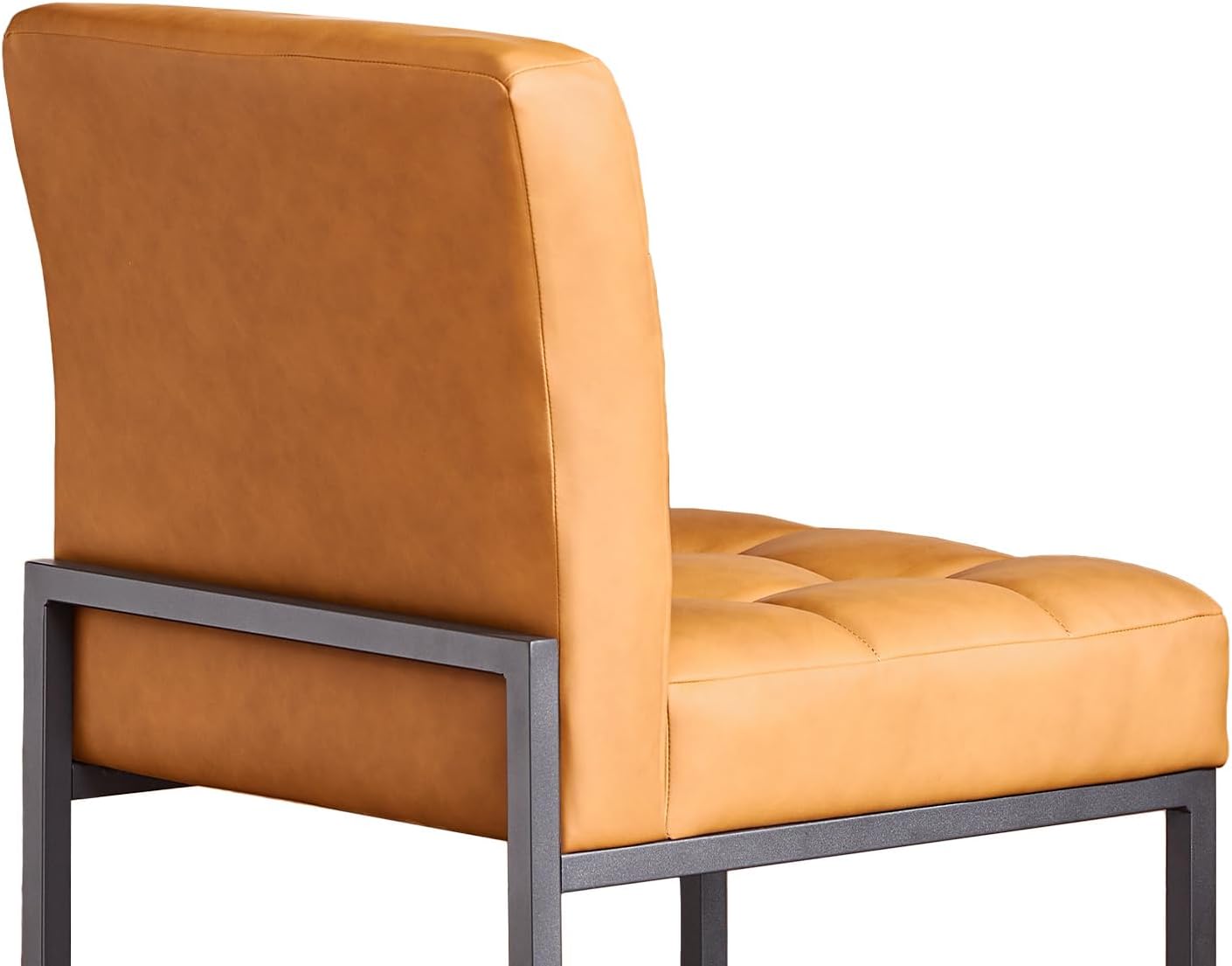 Brown Faux Leather Dining Chairs Set of 2, Mid-Century Modern Dining Room Chairs with Armless, Checkered Kitchen Chair with Metal Legs
