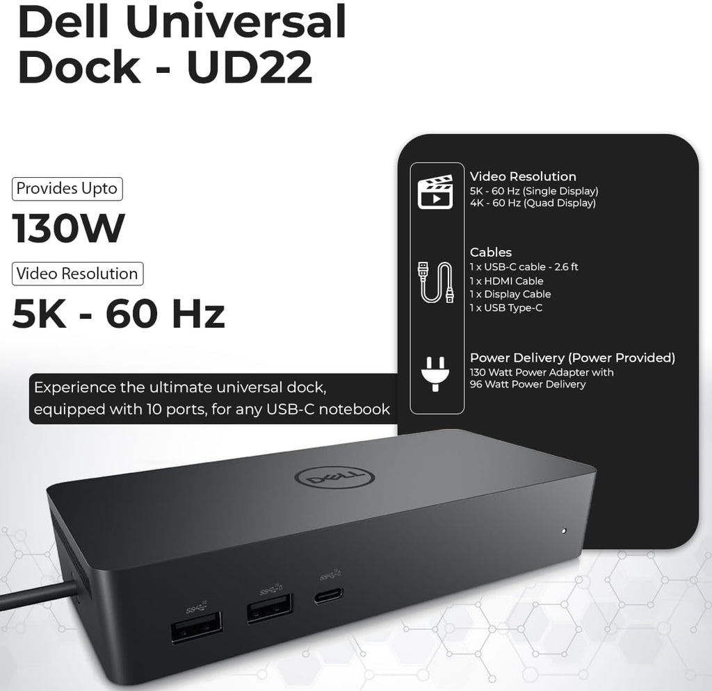 UD22 Dell Docking Station Dual Monitor Bundle - USB-C/USB-A Universal Dell Dock for Laptops Comes with 130W Adapter + Anyhdd HDMI  DisplayPort  USB-C Cables & Cloth - Supports Dual/Triple/4 Monitors
