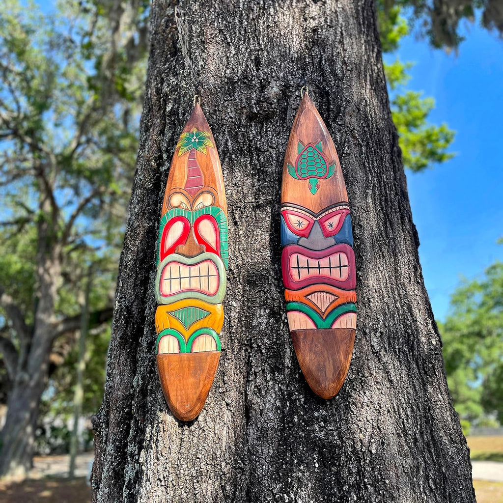 Set of 2 Wooden Tiki Surfboard Wall Decor, 39" Hand-Carved Surfboards with Sea Turtle and Palm Tree Designs, Hand-Painted Tropical Wall Art, Coastal Beach House Accent, Rustic Bar or Patio Hanging