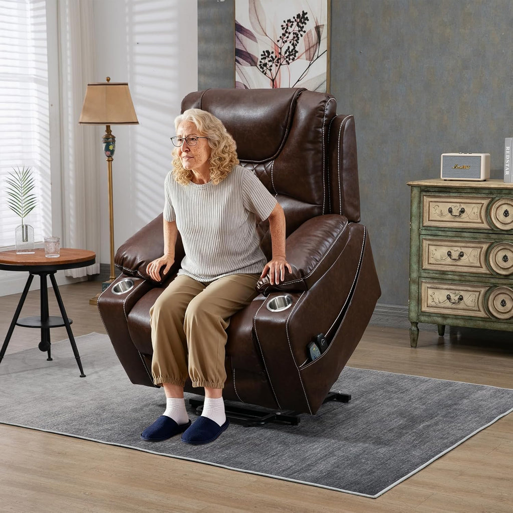Oversized Power Lift Recliner Chair 400 LBS for Big and Tall Elderly, 26" Extra Wide Zero Gravity Electirc Recliner Chair with Massage and Heating, Leather Home Theater Seat, Brown