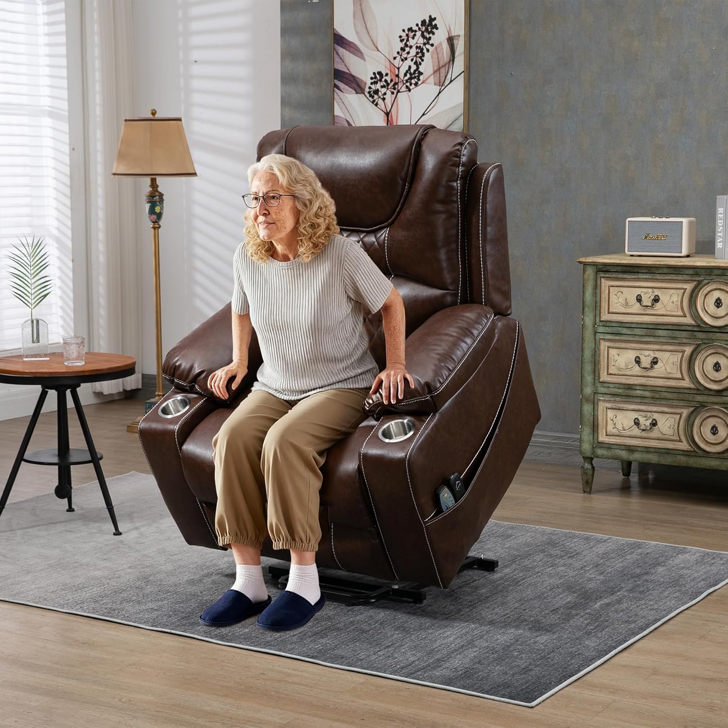 Oversized Power Lift Recliner Chair 400 LBS for Big and Tall Elderly, 26" Extra Wide Zero Gravity Electirc Recliner Chair with Massage and Heating, Leather Home Theater Seat, Brown