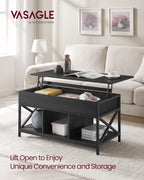 VASAGLE Lift Top Coffee Table, Lift Coffee Table with Storage Shelf, Hidden Compartments and Lifting Top, for Living Room, Office, 19.7 x 39.4 x (19.3-24.4) Inches, Black with Wood Grain ULCT202B22