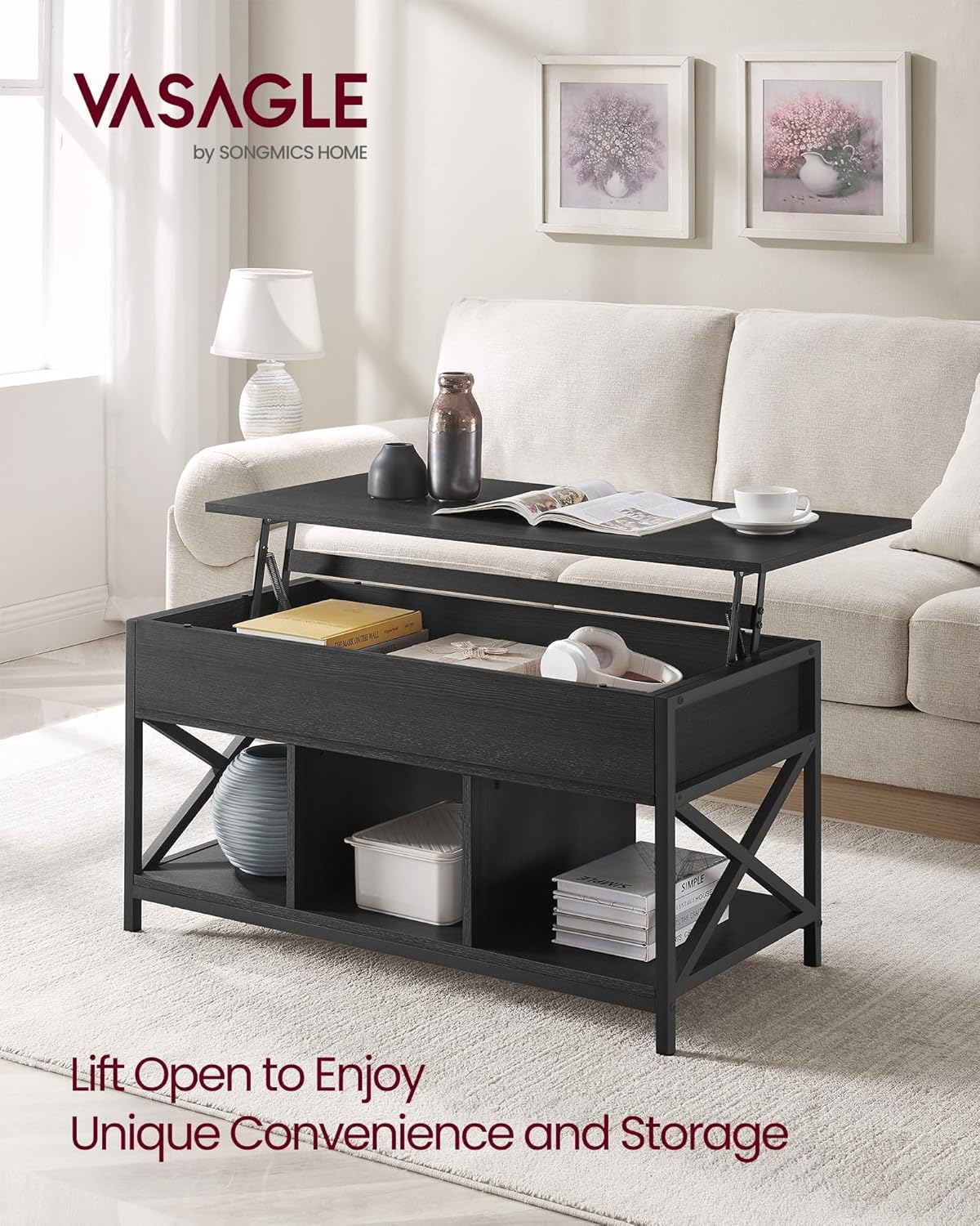 VASAGLE Lift Top Coffee Table, Lift Coffee Table with Storage Shelf, Hidden Compartments and Lifting Top, for Living Room, Office, 19.7 x 39.4 x (19.3-24.4) Inches, Black with Wood Grain ULCT202B22