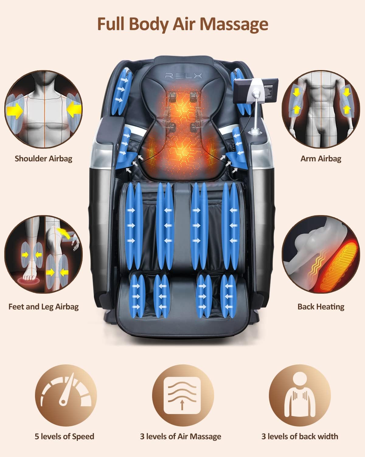 RELX Massage Chair Full Body, 15 Modes Zero Gravity SL-Track Shiatsu Massage Chair Built-in Heat System, Airbag Massage with Body Scan, Deep Yoga Stretch, Calfrest Extension and AI Control(Black)