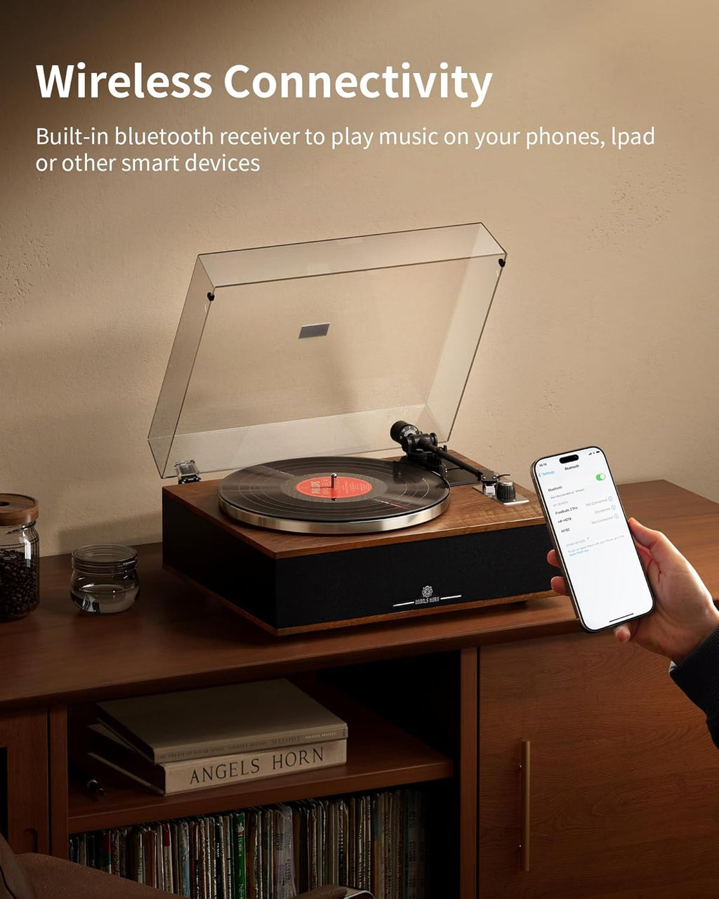 ANGELS HORN Vinyl Record Player  Bluetooth Turntable with Built in Speakers Phono Preamp  High Fidelity Turntables for Vinyl Records with Magnetic Cartridge AT-3600L  Belt Drive 2-Speed