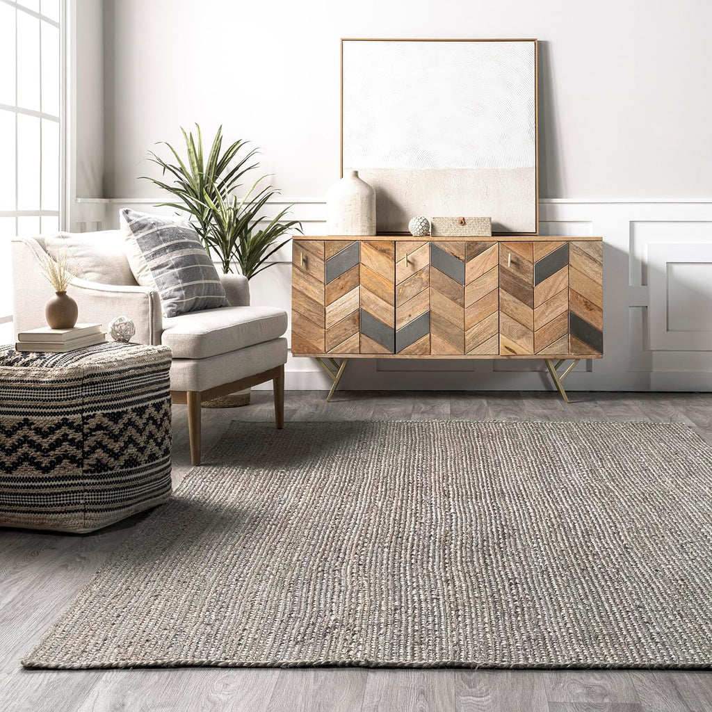 nuLOOM 8x10 Rigo Jute Hand Woven Area Rug, Grey, Solid Farmhouse Design, Natural Fiber, For Bedroom, Living Room, Dining Room, Hallway, Office, Kitchen, Entryway