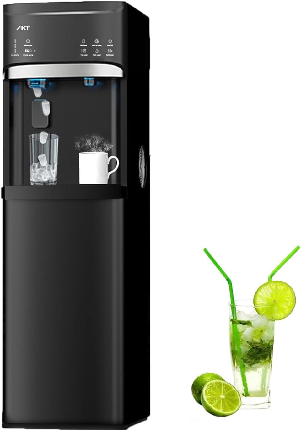 IKT Self-Clean Bottom Loading Hot and Cold Water Dispenser with Ice Maker Machine for 5 Gallon Bottle 22lbs Daily Capacity Ice Full Alert Black