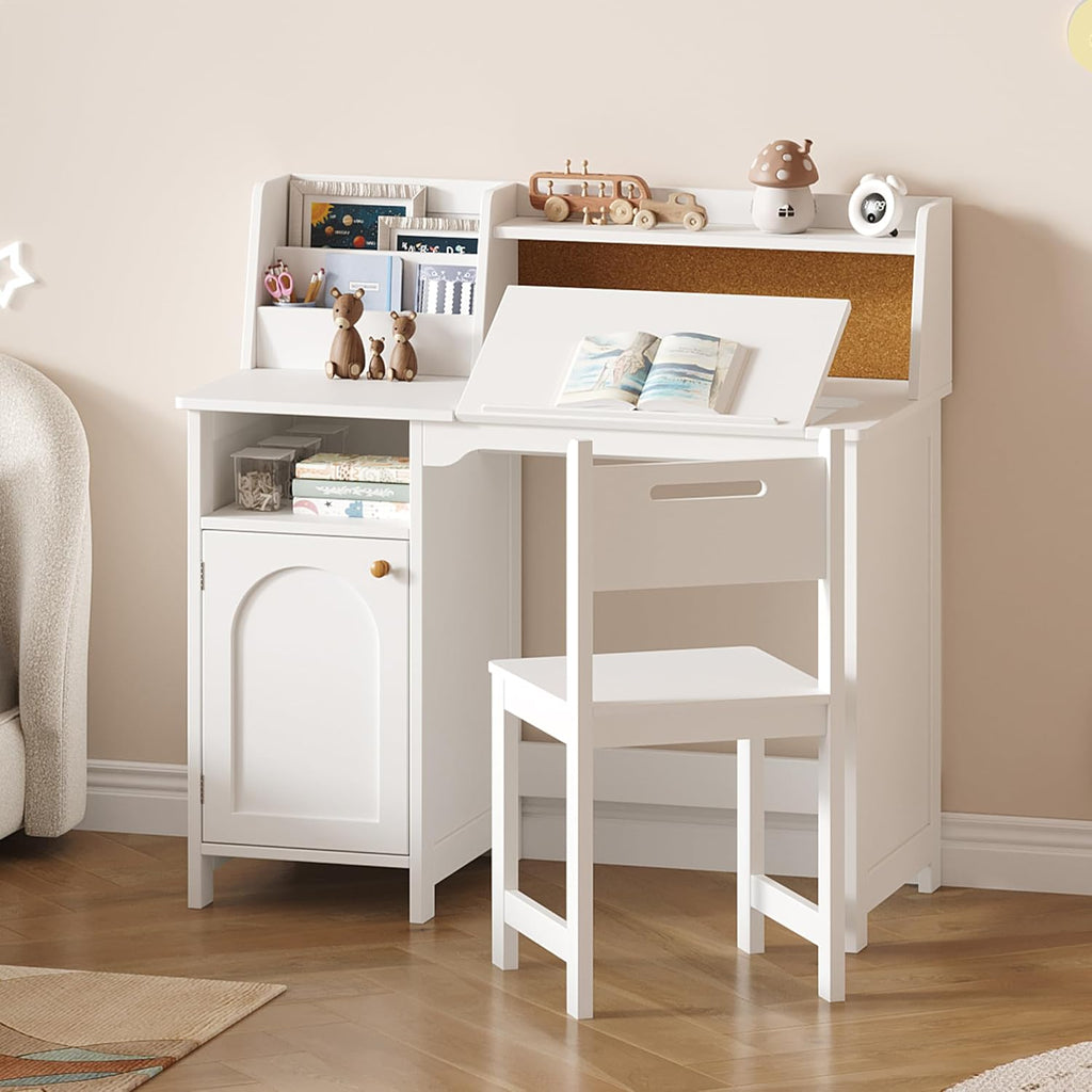 Treocho Kids Study Desk and Chair Set, Kids Desk with Hutch and Tiltable Desktop for 3-8 Years Old, Wooden Children Study Table with Storage Cabinet, Student Writing Desks Bedroom, Home School, White