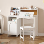 Treocho Kids Study Desk and Chair Set, Kids Desk with Hutch and Tiltable Desktop for 3-8 Years Old, Wooden Children Study Table with Storage Cabinet, Student Writing Desks Bedroom, Home School, White