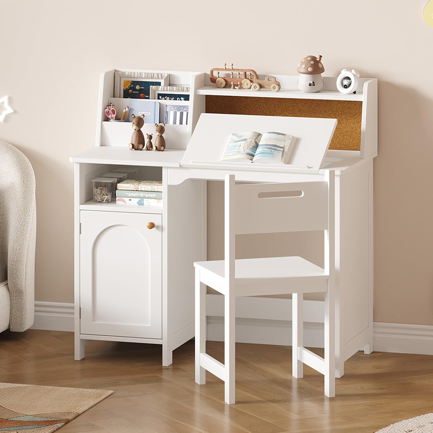 Treocho Kids Study Desk and Chair Set, Kids Desk with Hutch and Tiltable Desktop for 3-8 Years Old, Wooden Children Study Table with Storage Cabinet, Student Writing Desks Bedroom, Home School, White