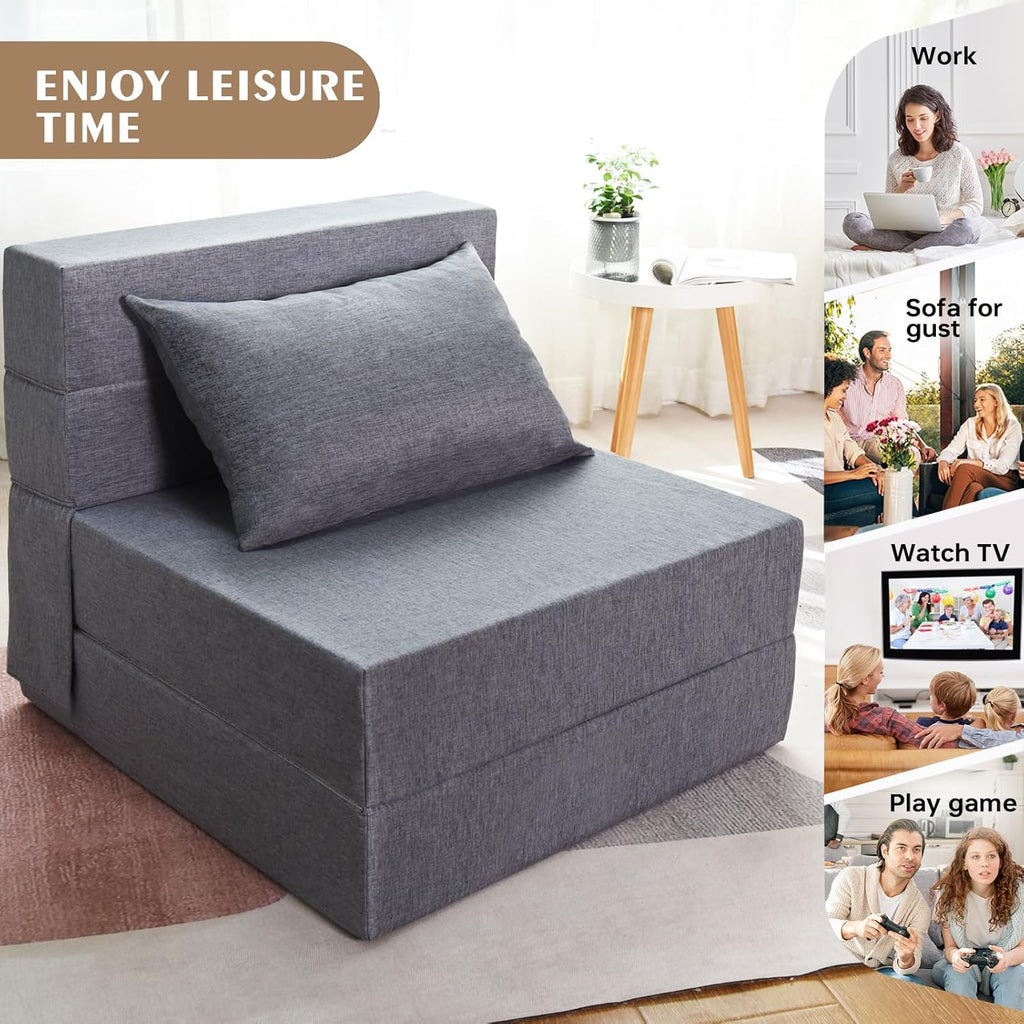 Fvkind Folding Sofa Bed, Convertible Futon Sofa Bed with Pillow, Fold Out Couch with Washable Cover, Foldable Sleeper Chair for Living Room, Dorm, Guest Room, Single Size, Light Grey