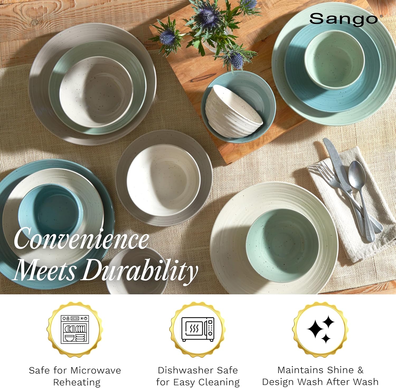 Sango Siterra Artist's Blend 16-Piece Stoneware Dinnerware Set for 4, Green, Cream & White Glossy Dishes with Speckles, Ceramic Plates and Bowls Sets for Everyday Dining, Microwave & Dishwasher Safe