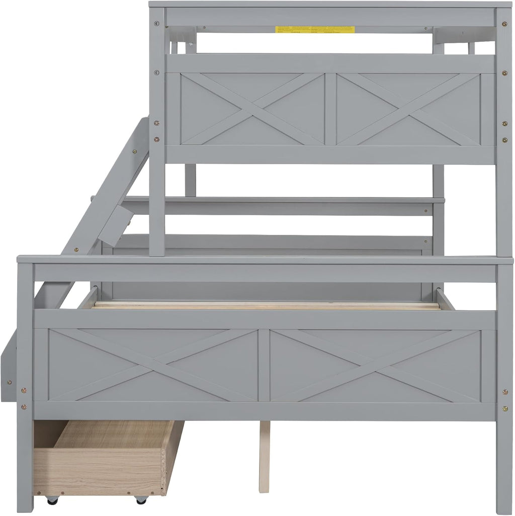 Merax Twin Over Full Bunk Bed with 2 Storage Drawers, Ladder and Guardrail, Can be Converted into 2 Separated beds, Grey