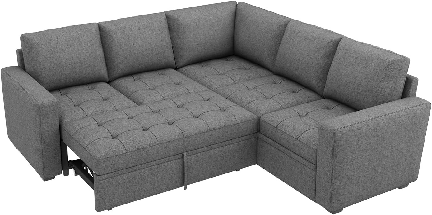 HONBAY Modular Sectional Sleeper Sofa with Pull Out Bed, Linen Convertible L Shaped Couch with Storage Seat, Sectional Couches for Living Room,Grey