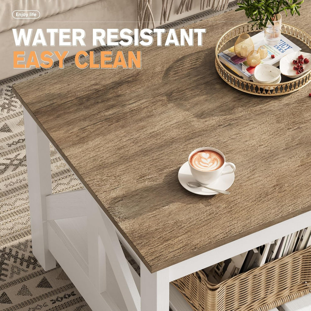 YESHOMY Farmhouse Coffee Table, Coffee Tables for Living Room, Farmhouse Square Coffee Table with Storage, Couch Table, Small Tables for Small Spaces, Gray & White