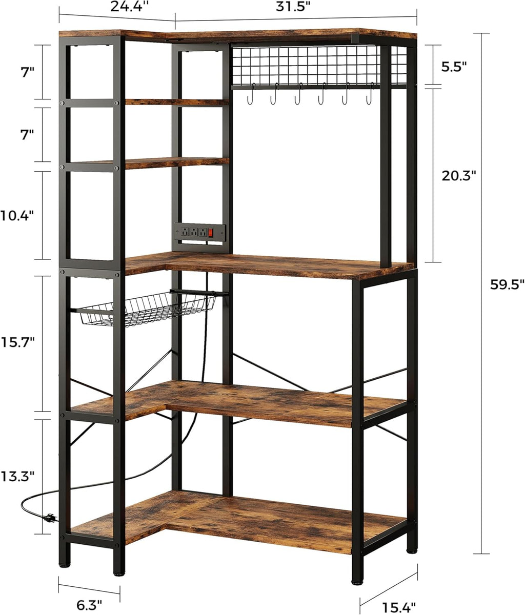 IRONCK Bakers Rack with Power Outlet, 5-Tier Corner Microwave Stand with Storage, Coffee Bar with 6 S-Shaped Hooks, Kitchen Shelves with Wire Basket