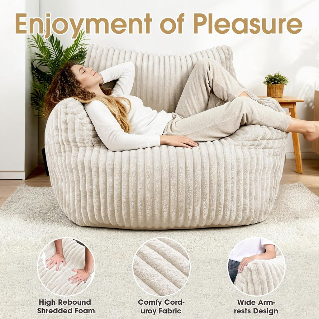 Giant Bean Bag Chair with Ottoman, Oversized Plush Comfy Bean Bag Sofa for Adults and Kids, Memory Foam Mini Couch Single Lounges for Living Room, Bedroom & Game Room(Beige)