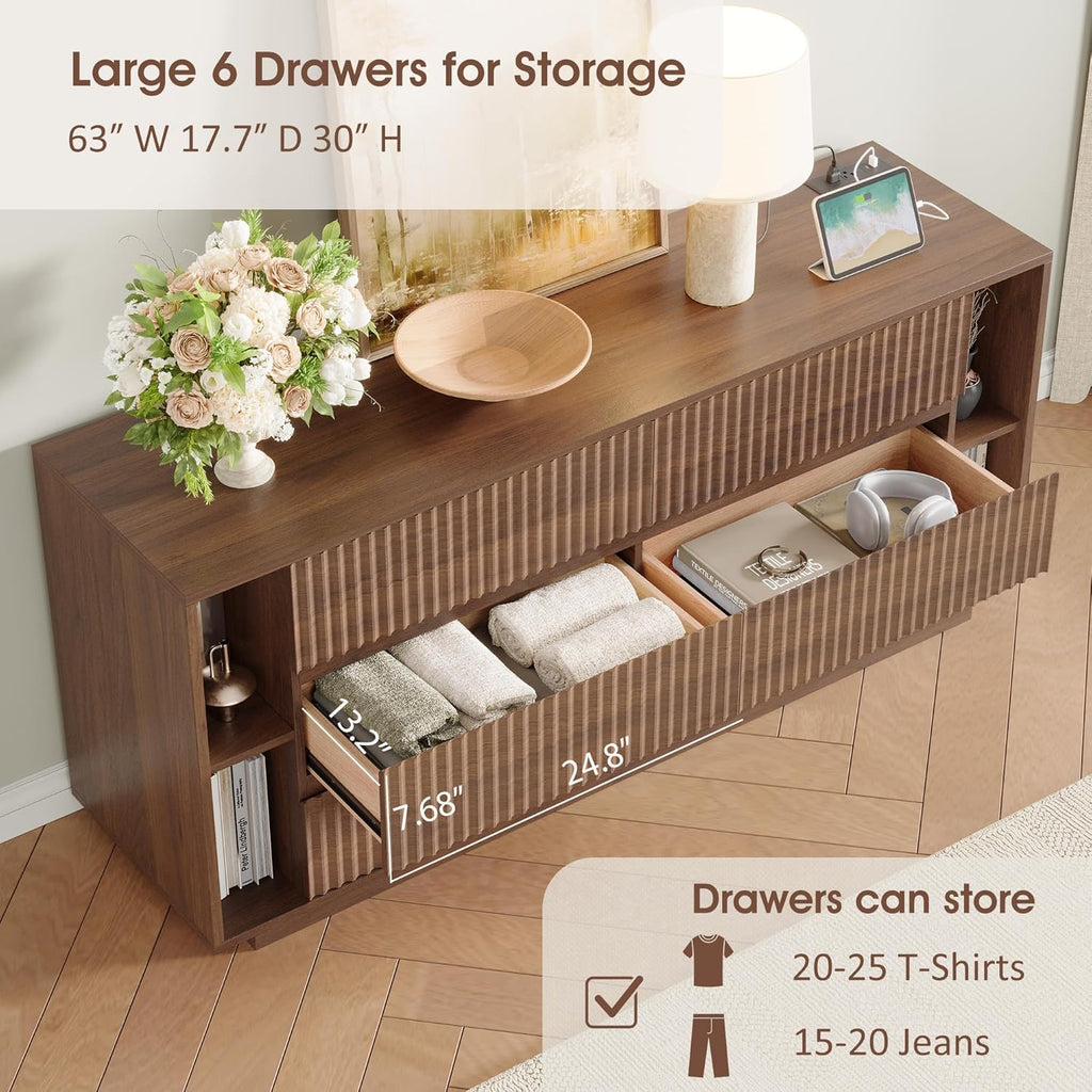 Whalefall 63'' Fluted 6 Drawer Dresser with Shelves, Large Chest of Drawers for Bedroom, Wood Closet Storage Organizer, Modern TV Stand for Living Room, Walnut