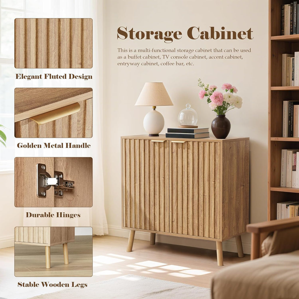 Fluted Buffet Cabinet, Free Standing Sideboard with Storage, Wood Accent Cabinet with Doors & Shelf, Multifunctional Credenza, Sideboard Buffet for Living Room, Dining Room(1, Natural)