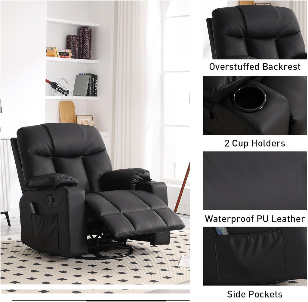 Bonzy Home Oversized Swivel Rocker Recliner, 40" Rocking Recliner Chair with Heated and Massage, PU Leather Single Sofa with Swivel Function, 2 Cup Holders for Living Room Bedroom, Black
