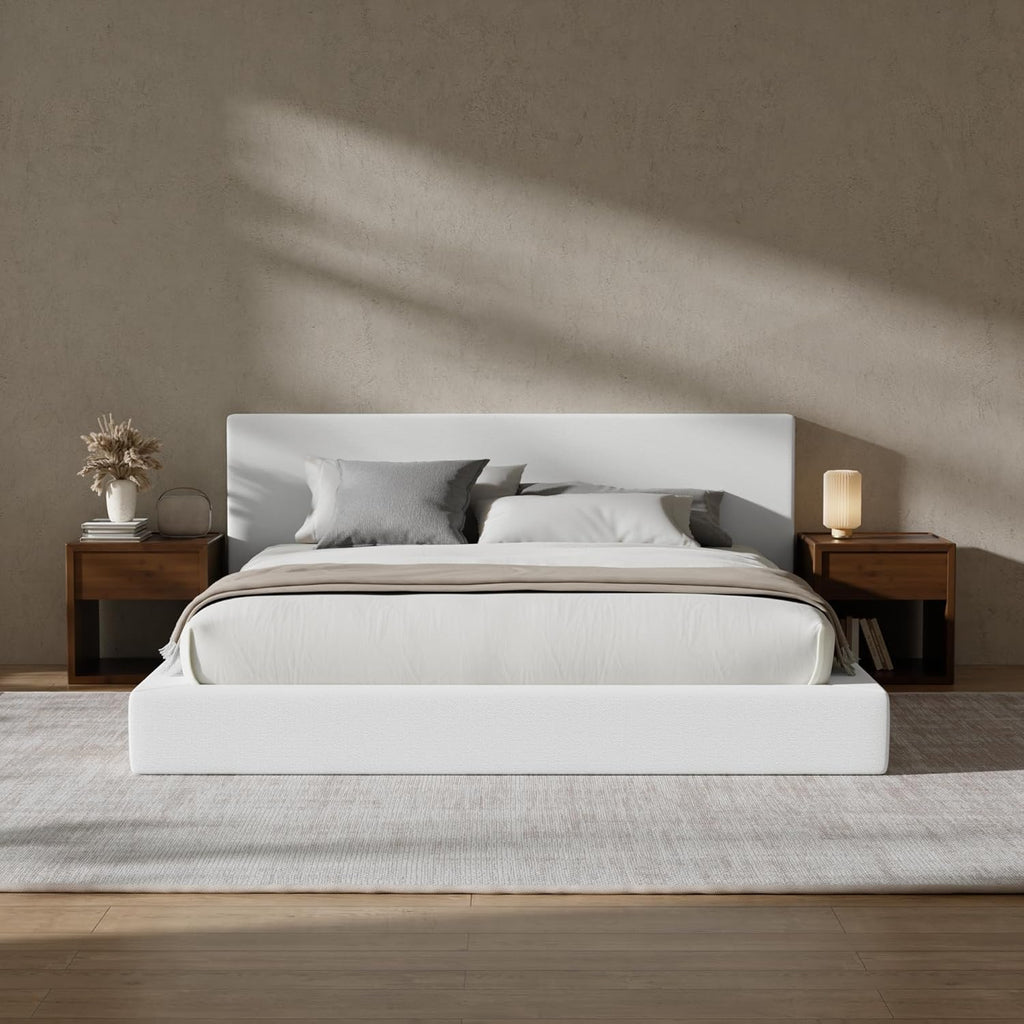 RECCI Cloud Upholstered Queen Bed Frame with Headboard, 5 Inch Foam Padded Platform, No Box Spring, Easy Assembly (Snow White)