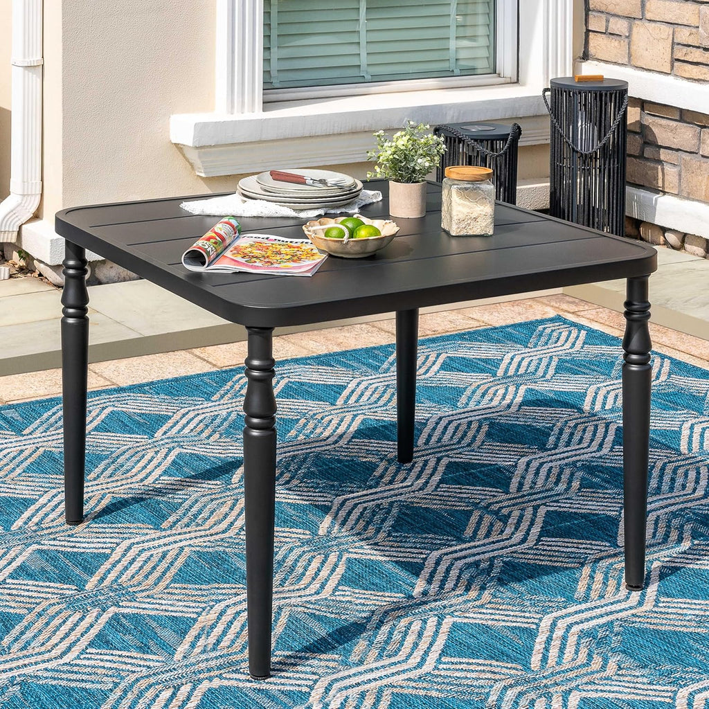 NUU GARDEN Outdoor 37” Dining Table, Square Metal Dining Table with Umbrella Hole, Patio Dining Table with Powder-Coated Frame and Slatted Tabletop, for Garden, Backyard and Balcony, Black