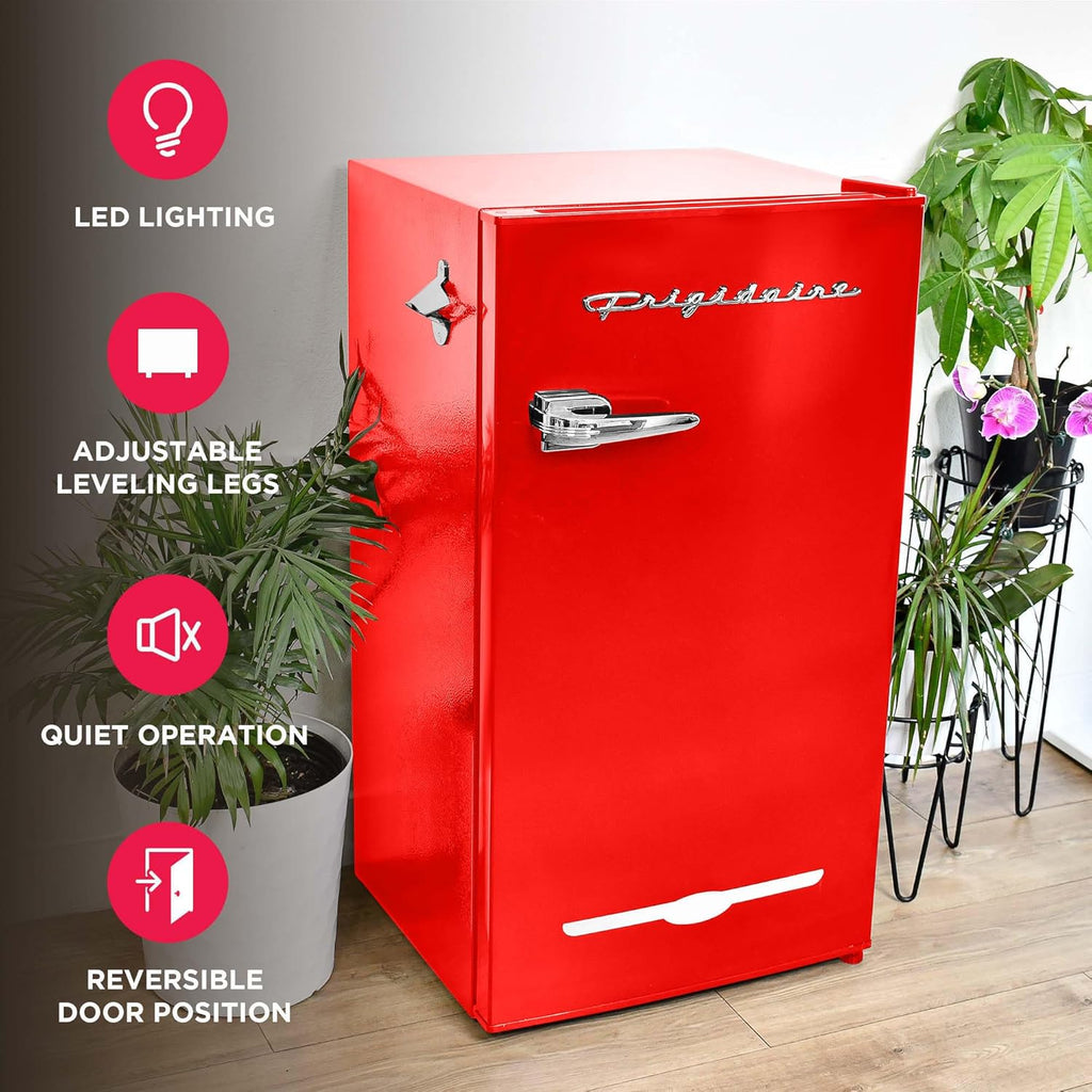 Frigidaire Retro Compact Fridge with Chiller, 3.2 cu ft Countertop Fridge with Built-In Bottle Opener, Compact Refrigerator for Office, Bedroom, Dorm Room or Cabin (Red)