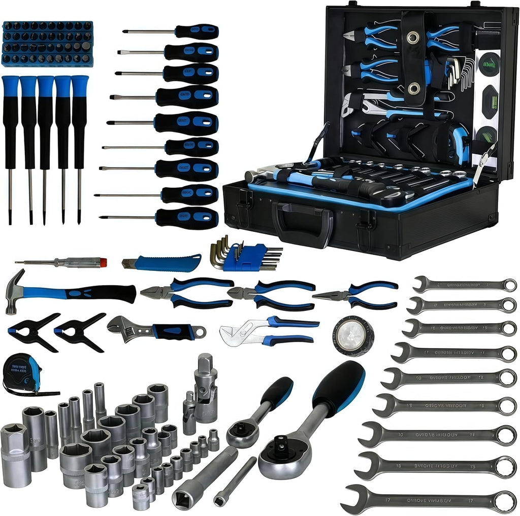 247 Piece Mechanics Tool Set, Premium Aluminum Tool Box with Tools Included, General Home Repair Tool Kit for Auto, House and DIY, 1/4 and 1/2 Drive Socket Wrench Kit, Blue