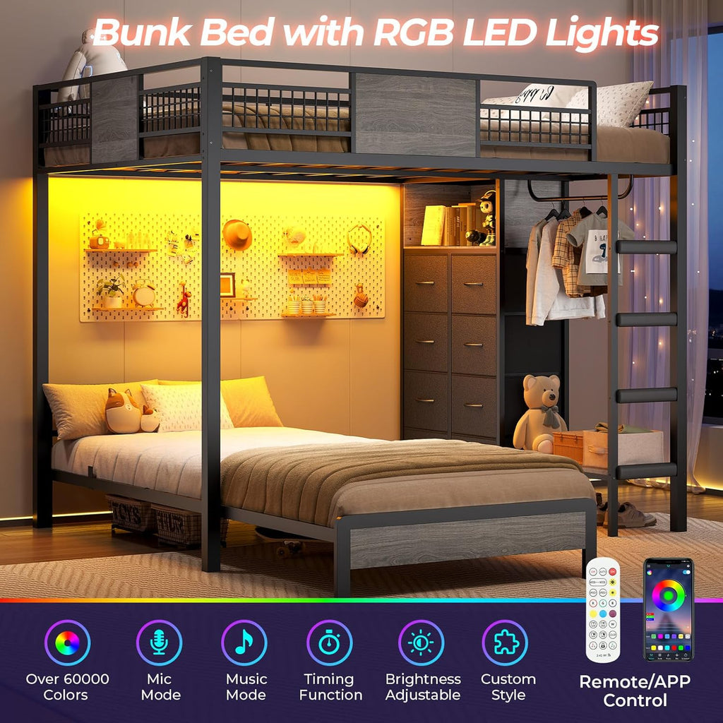 ADORNEVE Bunk Bed Twin Over Twin Size with 8 Storage Drawers, Twin Bunk Beds with Led Lights & Storage Shelves, Metal Loft Bed with 13.4" H Safety Guardrail & Ladder, for Kids & Teens, Black