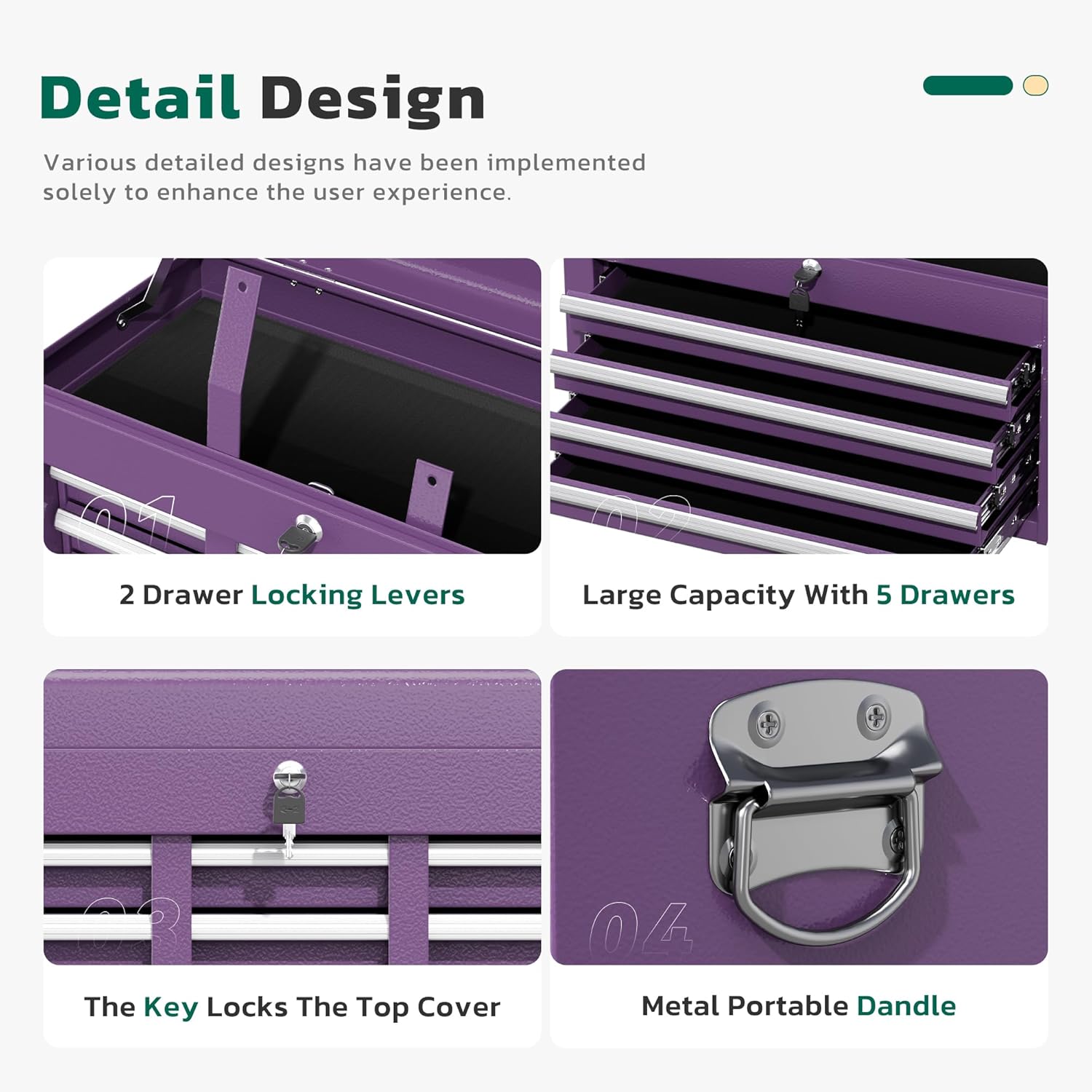 Greenvelly Tool Chest, 5-Drawer Rolling Tool Chest with Hooks and Lockable Wheels, Detachable Top Tool Box, Toolbox with Wheels, Rolling Tool Box for Mechanics Garage Workshop and Tool Room (Purple)