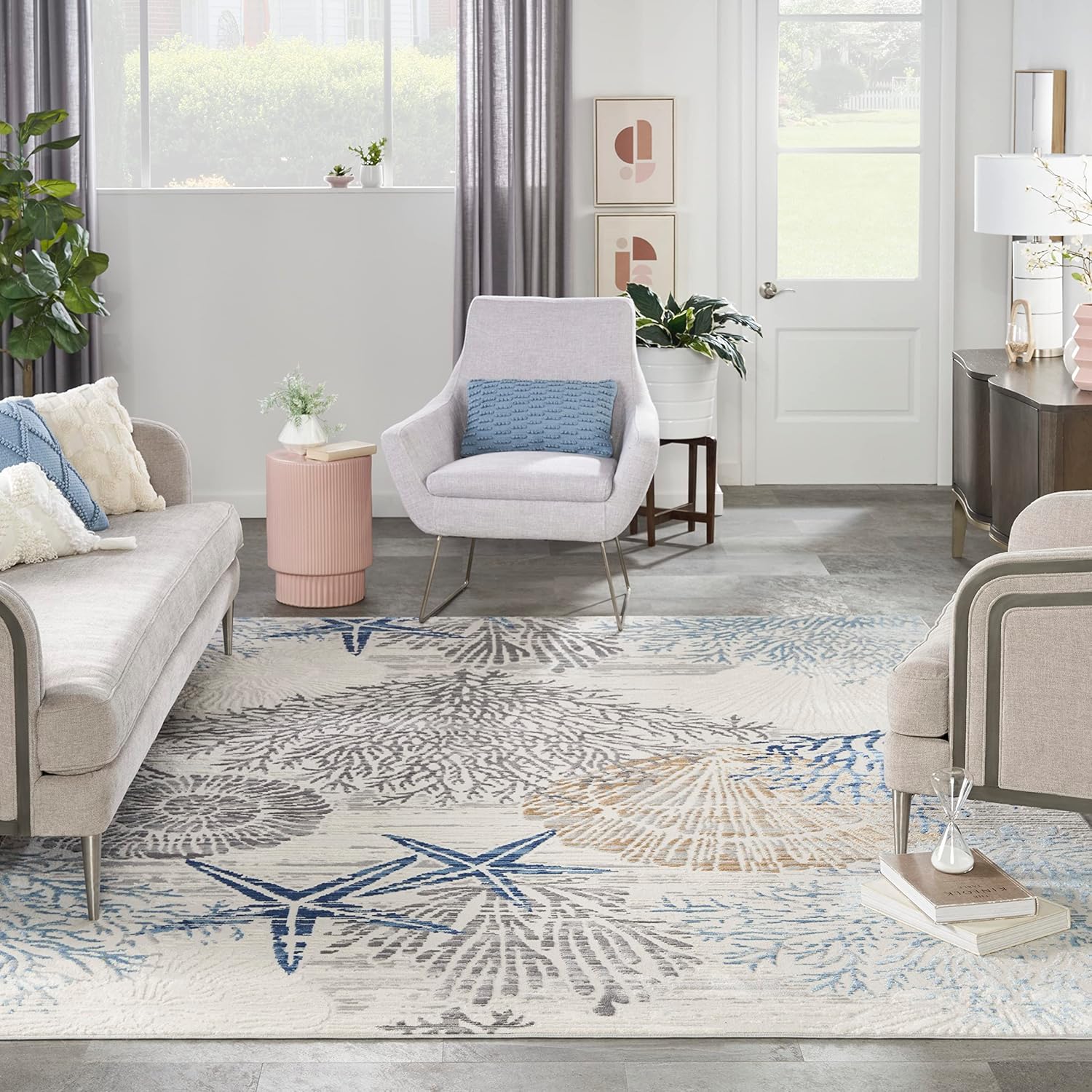 Nourison Home Pompeii Ivory Grey Blue 7'10" x 9'10" Area Rug - Easy Clean, Non Shedding, Bed Room, Living Room, Dining Room, Kitchen (8' x 10')