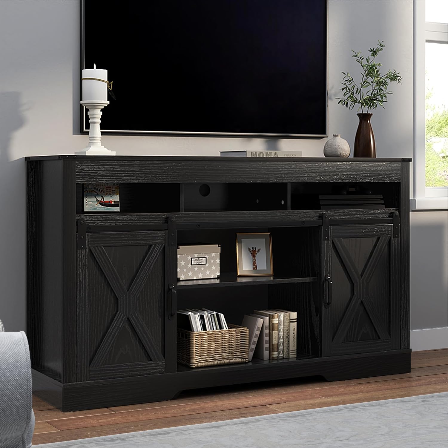 RoyalCraft Farmhouse TV Stand for 65+ Inch TV, Tall Entertainment Center with Storage Cabinets and Sliding Barn Doors, Mid Century Modern Media TV Console Table for Living Room (Black)