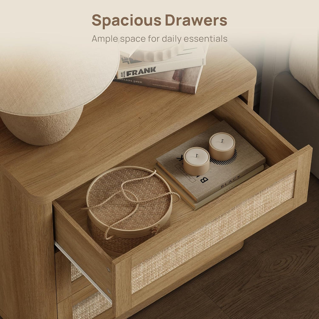 SICOTAS Rattan Nightstand Set of 2, 26.8" Wide Oversized 3 Drawer Night Stands, Boho Bedside End Tables with Push-Close & Kid-Safe Rounded Edge for Bedroom Guest Room Home Office Entryway, Amber Oak