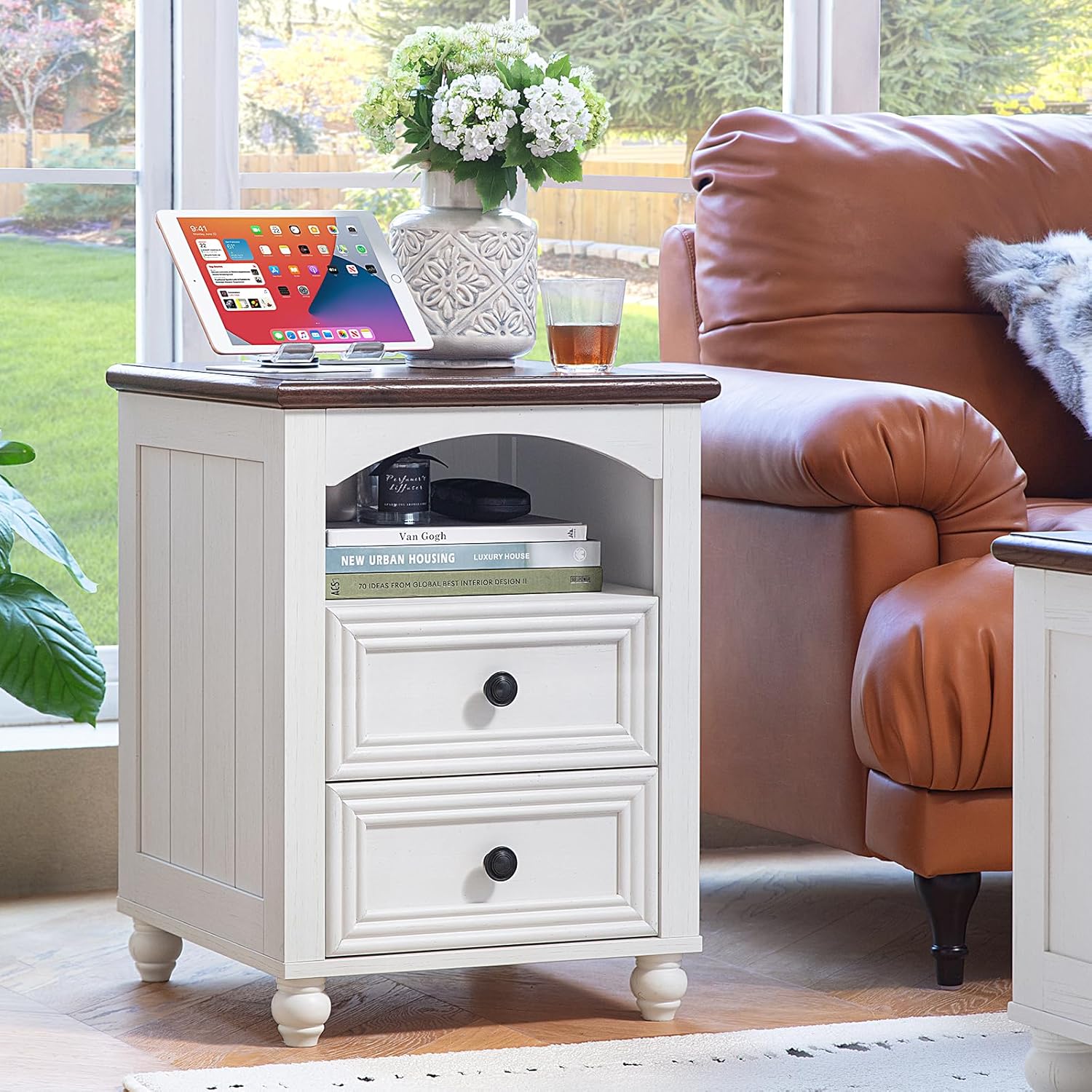 Farmhouse Coffee Table and Night Stand Set of 3,Wood 48" Center Table and 18'' Wide Nightstand with Charging Station,Coffee and End Tables 3-Piece Set for Home Living Room Hallway,White