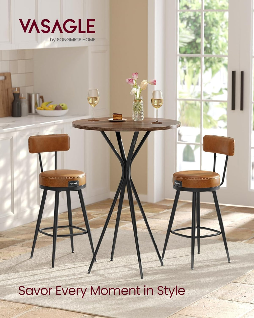 VASAGLE Bar Table, Round Cocktail High Top Pub Bistro Table for Events Party, Kitchen Dining, Home Bar, 23.6 x 23.6 x 41.3 Inches, Metal Frame, Modern Style, Easy to Assemble, Natural Walnut and Black