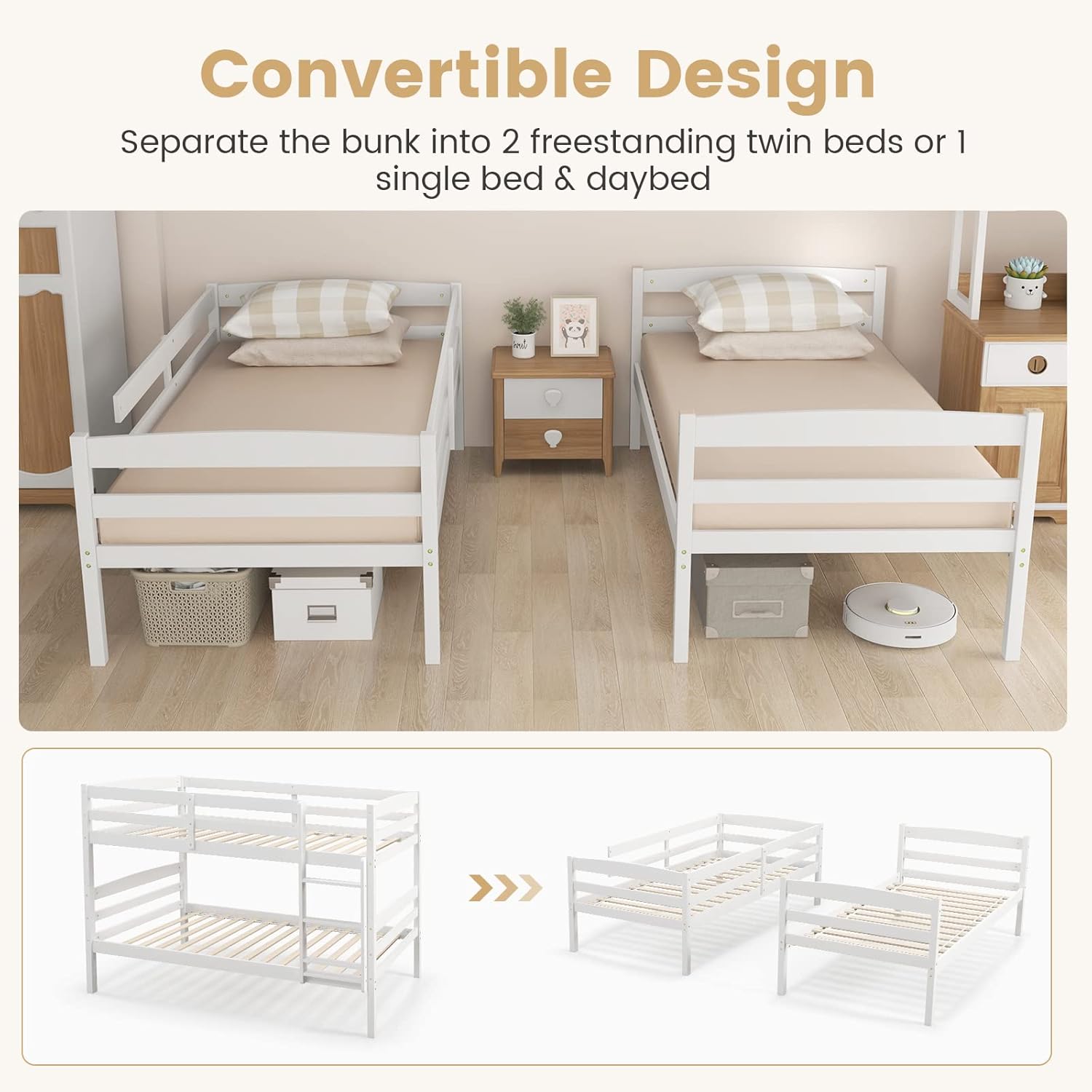 DORTALA Twin Over Twin Bunk Bed, Rubber Wood Convertible Wood Bunk Bed with Ladder Guardrail, Safety High Guardrail, Solid Wood Frame, Practical Morden Bunk Beds for Home, Dorm, Apartment, White