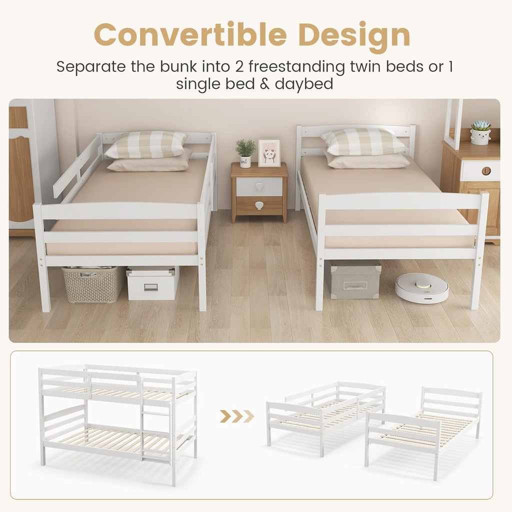 DORTALA Twin Over Twin Bunk Bed, Rubber Wood Convertible Wood Bunk Bed with Ladder Guardrail, Safety High Guardrail, Solid Wood Frame, Practical Morden Bunk Beds for Home, Dorm, Apartment, White