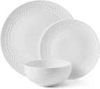 Pfaltzgraff Josephine 24-Piece Dinnerware Set, Porcelain Dish Set with Embossed Basket Weave Design, Service for 8, White Plates and Bowls Sets, Microwave and Dishwasher Safe